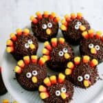 Chocolate cupcakes decorated to resemble turkeys, with candy corn feathers and candy eyes, arranged on a white plate.