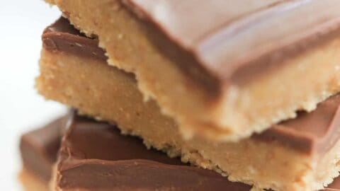 Easy No Bake Peanut Butter Bars cut into squares and stacked