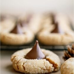 One Peanut Butter Blossom (Hershey’s Kiss Cookie) in front with remaining Peanut Butter Blossoms (Hershey’s Kiss Cookies) on a cooling rack in the background.