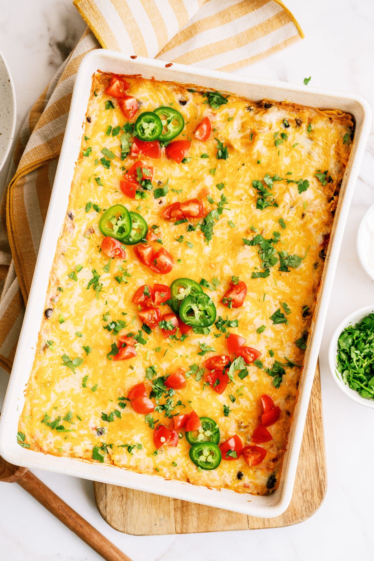 Top view of Chicken Taco Casserole in a casserole dish.