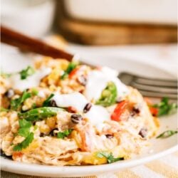 A close-up of a serving of Chicken Taco Casserole on a plate, showing melted cheese, diced tomatoes, chicken and chopped green onions. Topped with sour cream with a fork on the side.