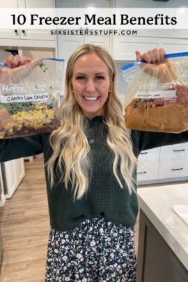 Kendra in a kitchen holds two freezer bags of meals labeled "Cilantro Lime Chicken" and "Honey Garlic Chicken."