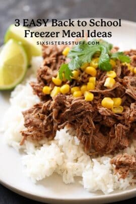 A plate of shredded meat topped with corn and cilantro on a bed of rice, with lime wedges on the side.