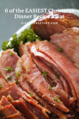 Close-up of sliced ham garnished with greenery