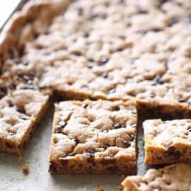 Sheet Pan Chocolate Chip Cookie Bars cut into squares