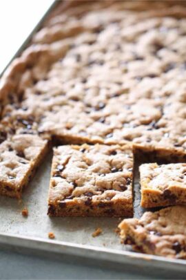 Sheet Pan Chocolate Chip Cookie Bars cut into squares