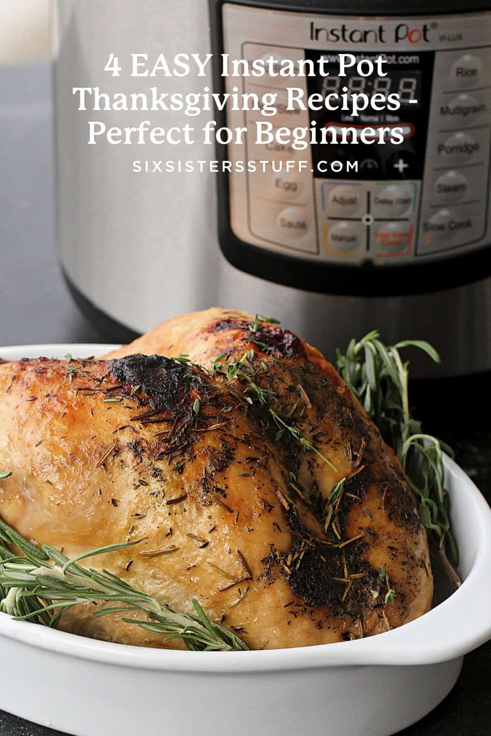 A roasted chicken garnished with herbs is placed in front of an Instant Pot. 