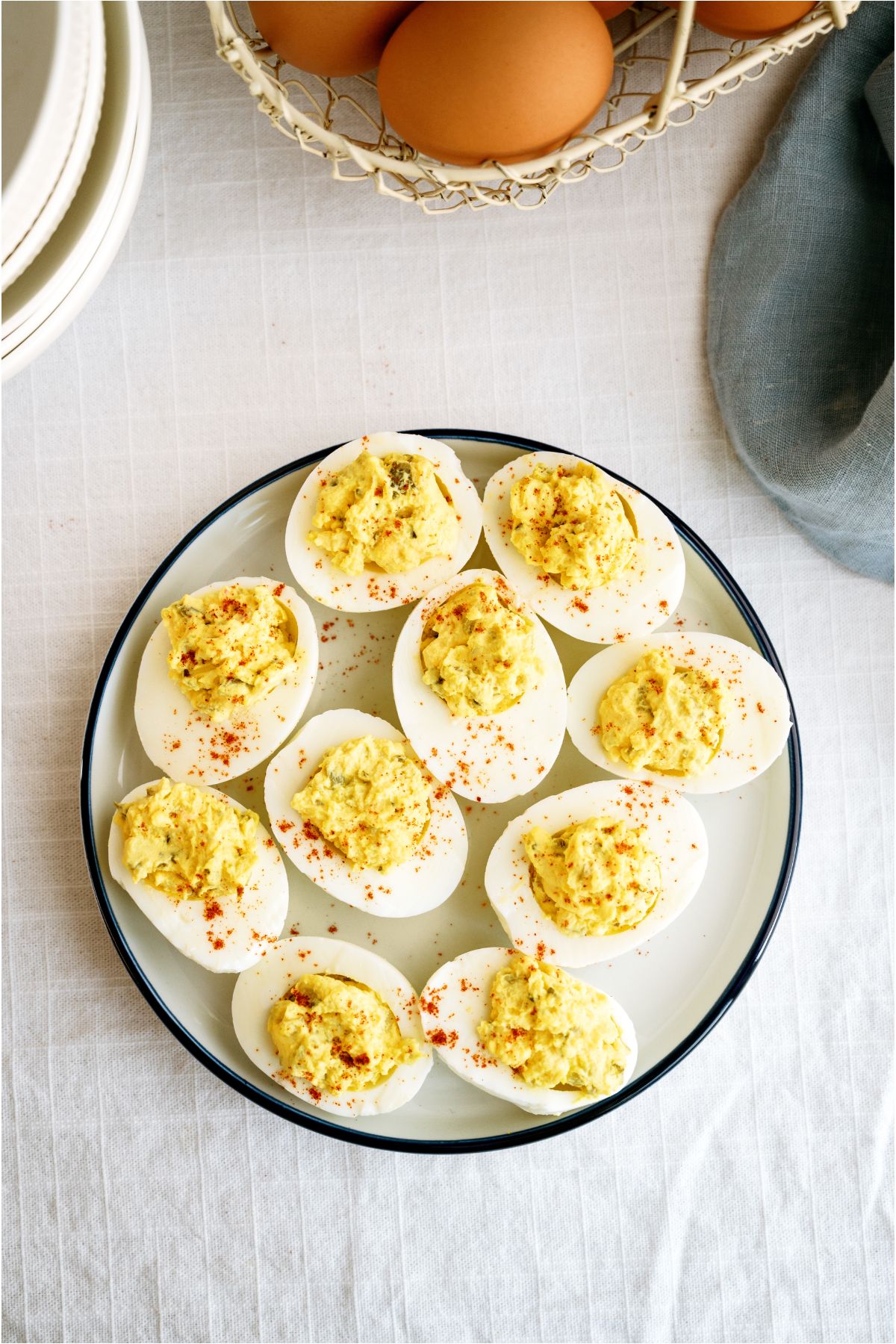 Top view of a plate of Deviled Eggs.