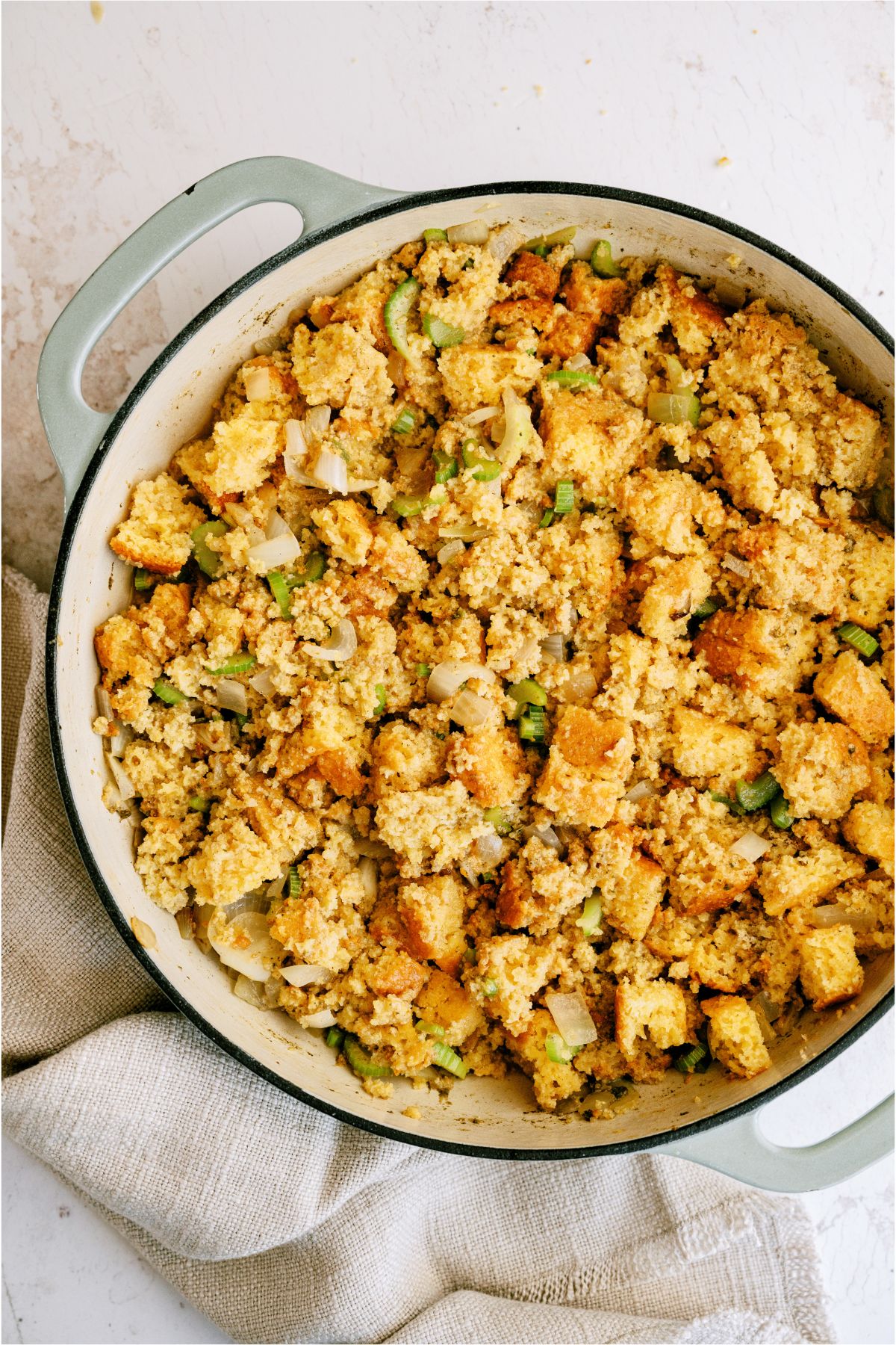 Homemade Cornbread Dressing in a baking dish.