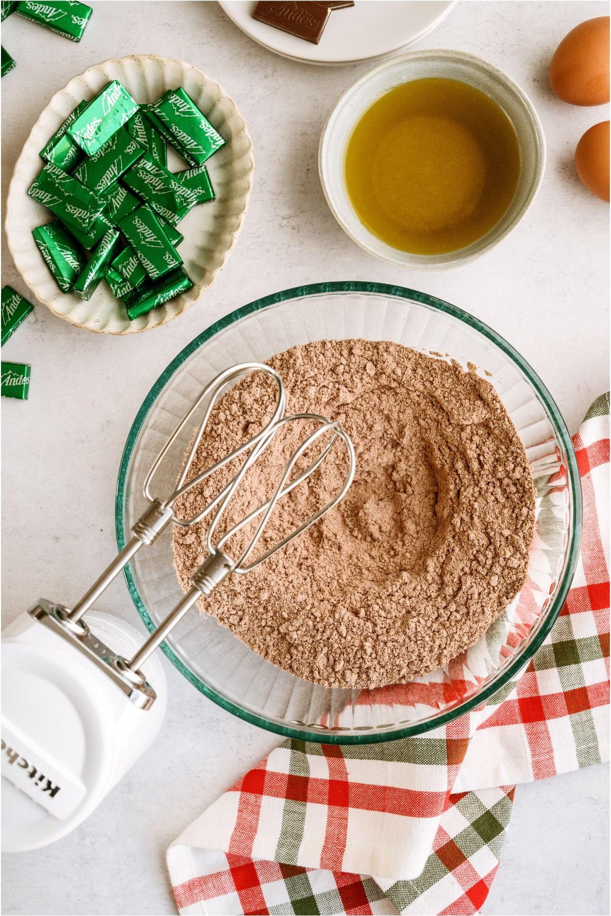 Ingredients needed to make Andes Mint Cookies.