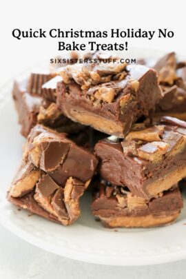A plate of chocolate and peanut butter no-bake treats is stacked in the center.