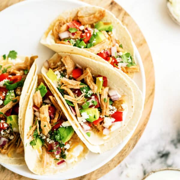 Three tacos filled with shredded chicken, diced tomatoes, onions, cilantro, and cheese served on a white plate on a wooden surface.