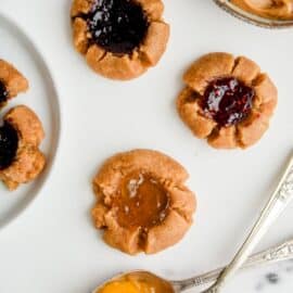 overhead shot of 5-ingredient peanut butter jam thumbprint cookies