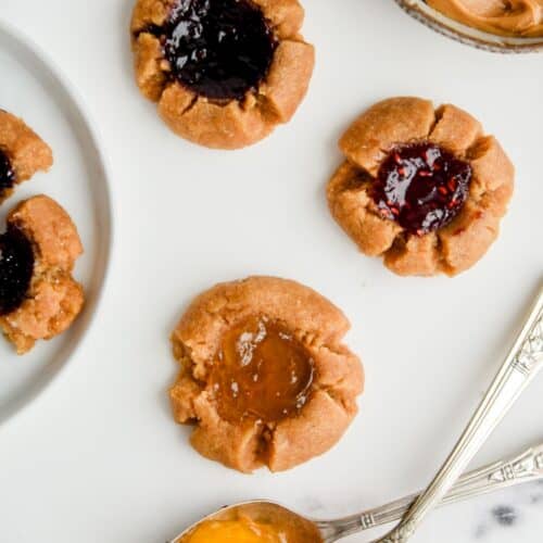 Overhead shot of 5-ingredient peanut butter jam thumbprint cookies.