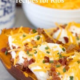 sweet potato baked potato with bacon, sour cream, and cheese