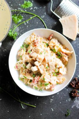 20 Minute Tuscan Pasta (Freezer Meal) in a bowl