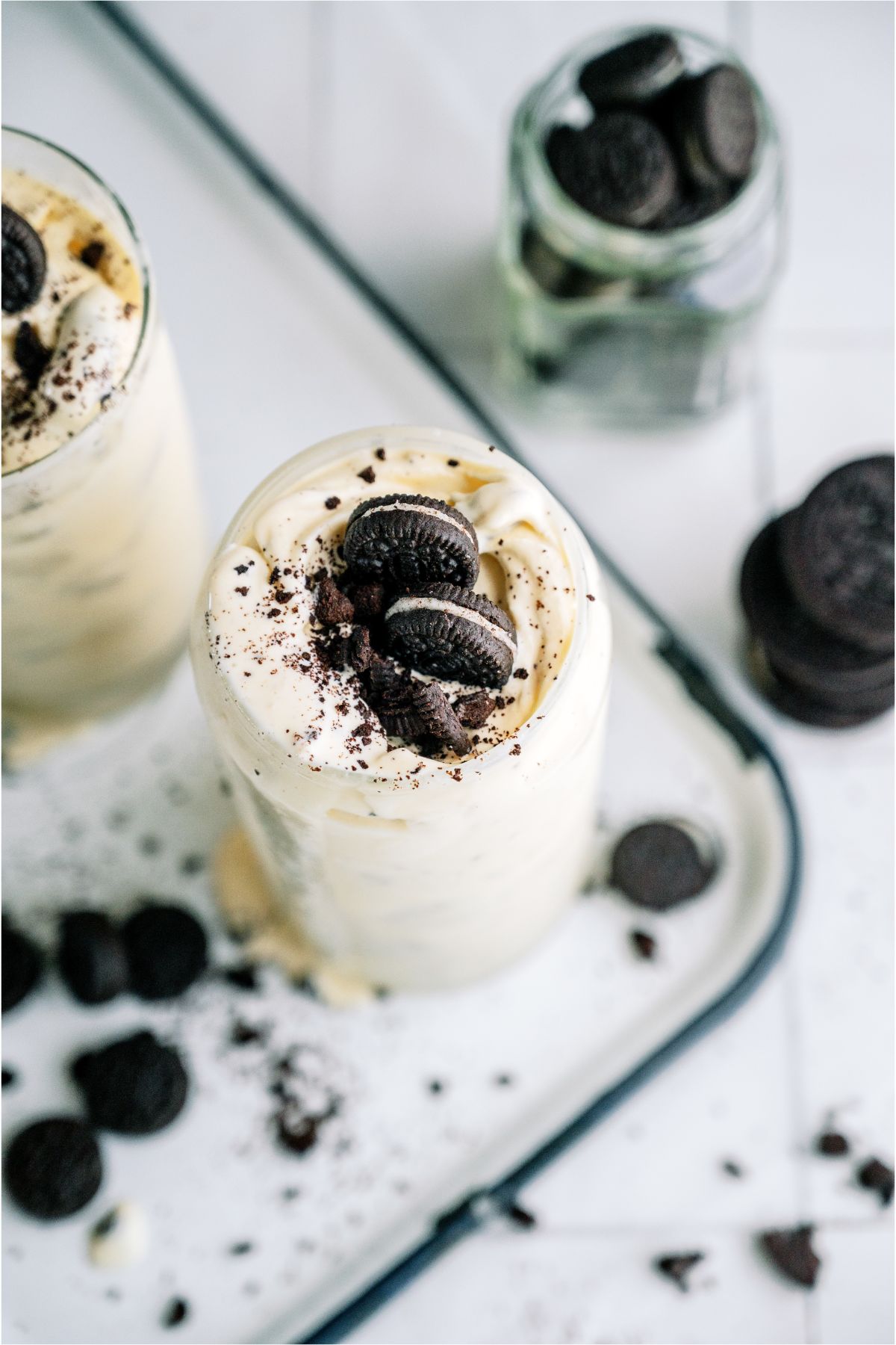 Top view of a Copycat Dairy Queen Blizzard in a glass topped with oreos