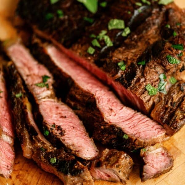 Grilled Ribeye Steak sliced on a cutting board