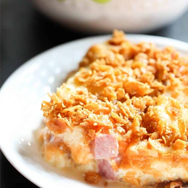 A serving of Ham and Cheese Breakfast Casserole on a plate