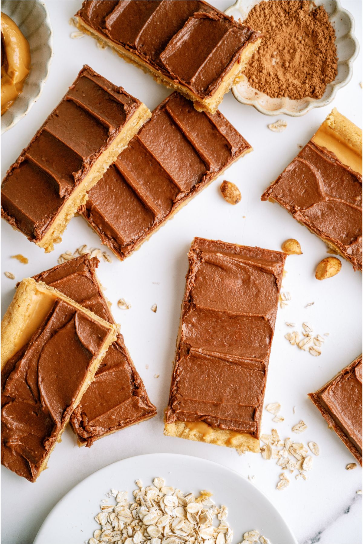 Top view of several Lunch Lady Peanut Butter Bars cut into rectangles.