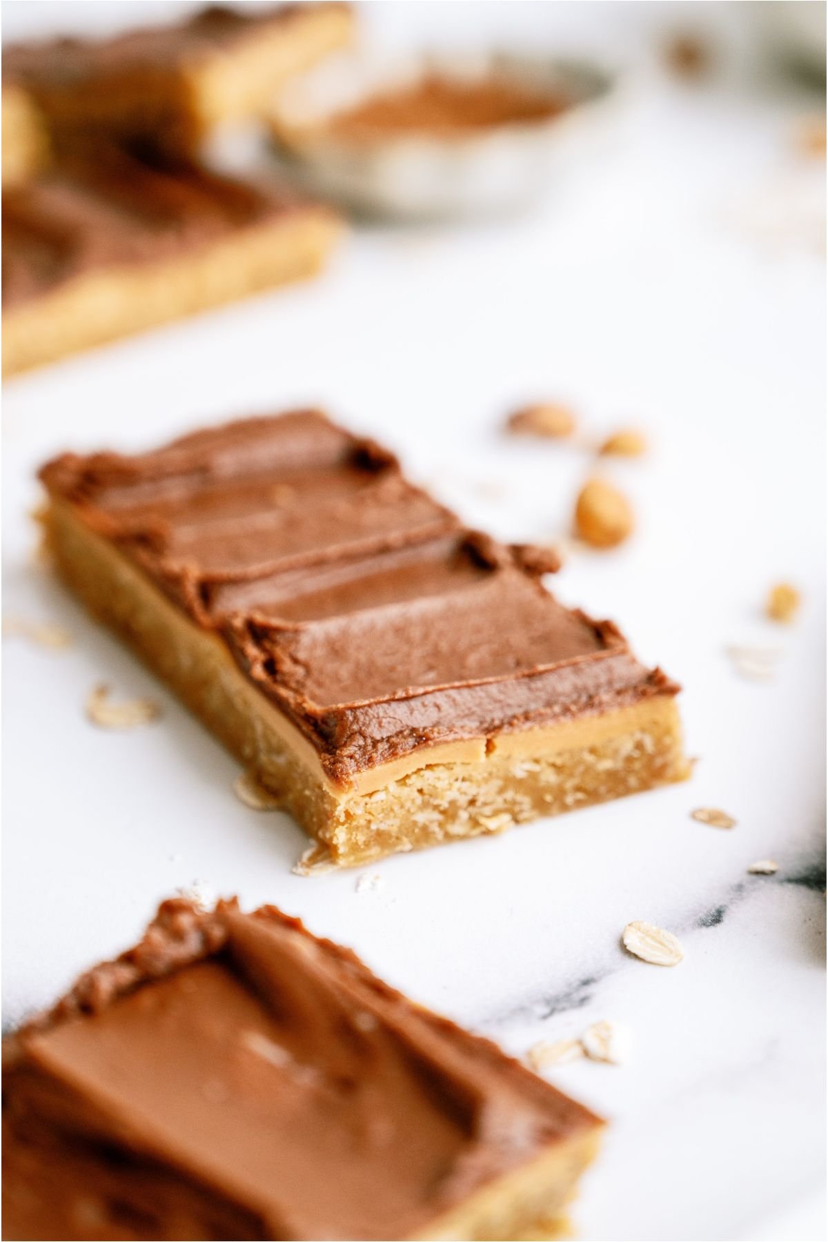 A rectangle Lunch Lady Peanut Butter Bar on a counter.