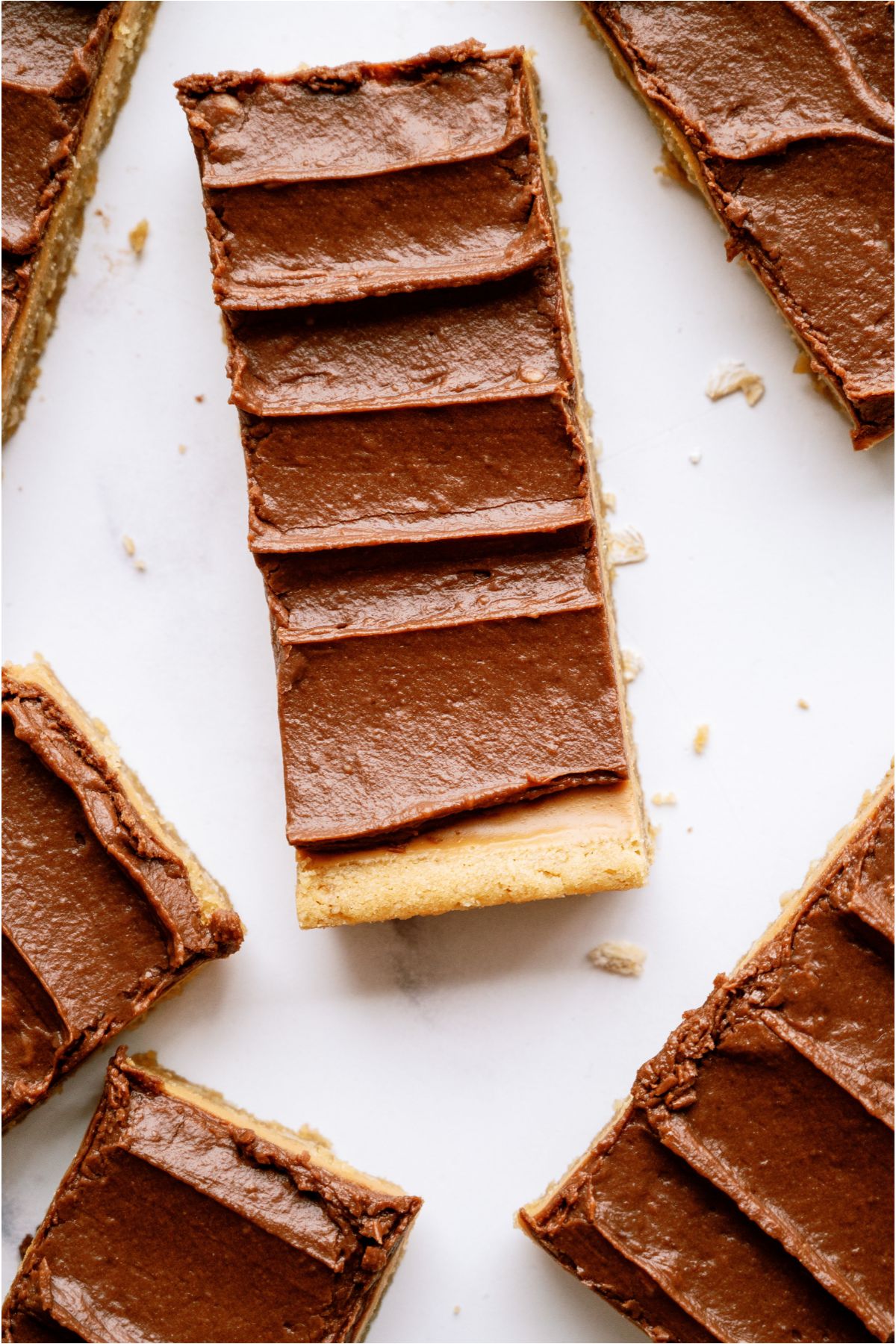 Top view of several Lunch Lady Peanut Butter Bars cut into rectangles.