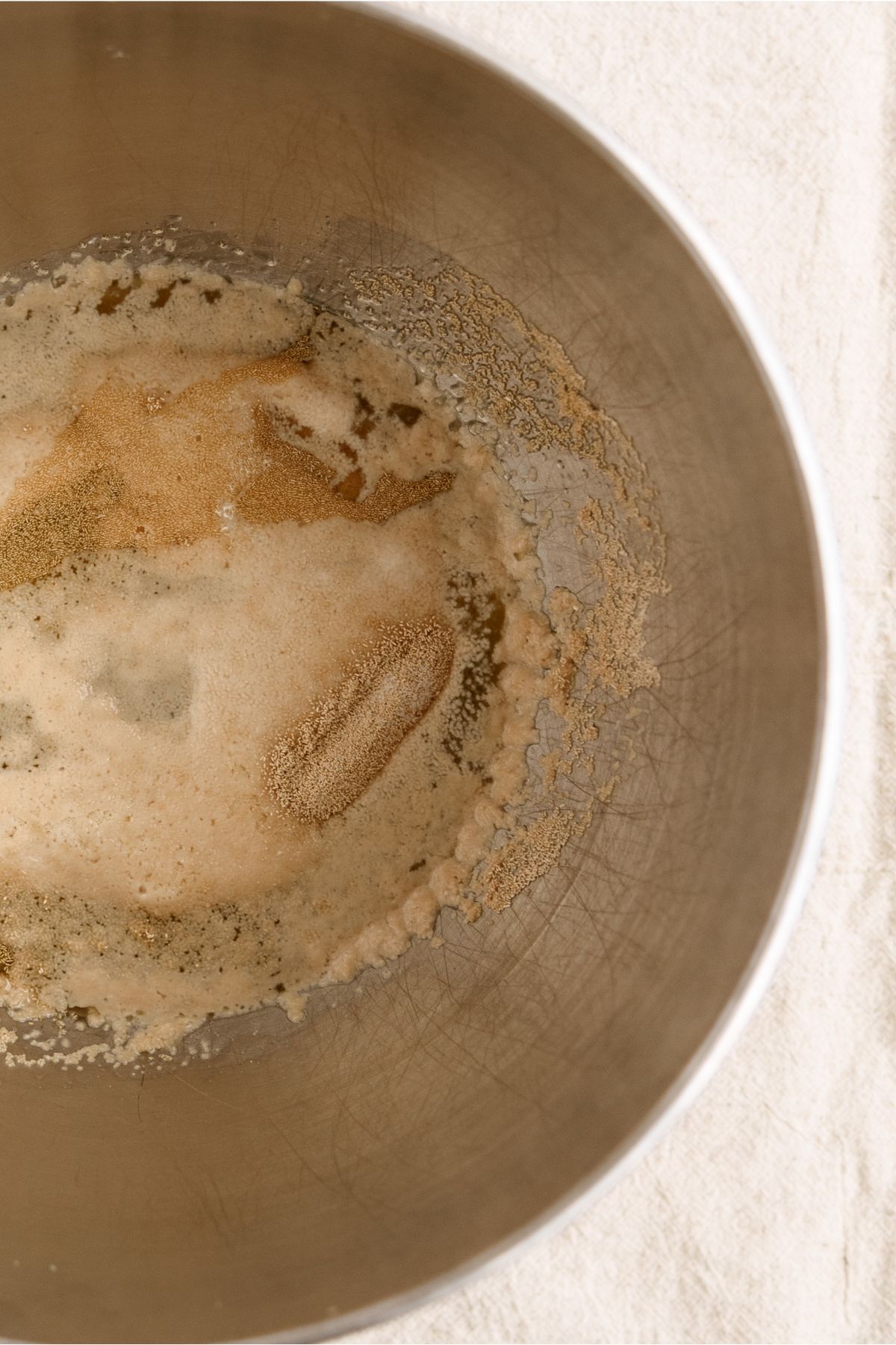 A mixing bowl with bubbling yeast mixed with water.