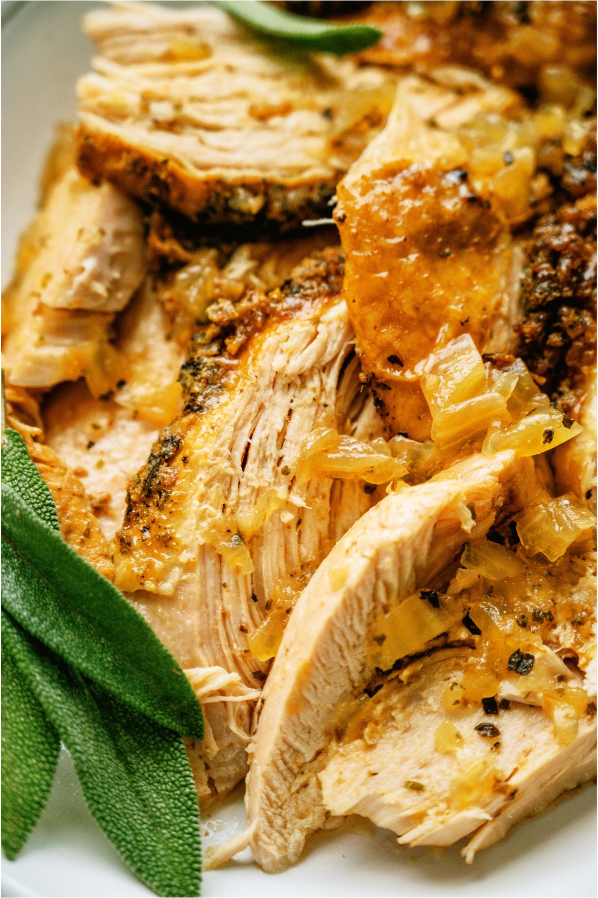 Close up of shredded turkey breast on a white serving plate.