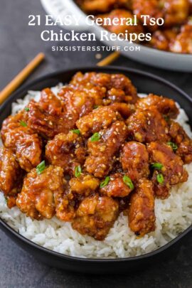 A bowl filled with white rice topped with crispy General Tso's chicken, garnished with sesame seeds and chopped green onions.