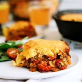 A slice of Cornbread Sloppy Joe Casserole on a plate