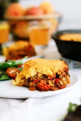 A slice of Cornbread Sloppy Joe Casserole on a plate