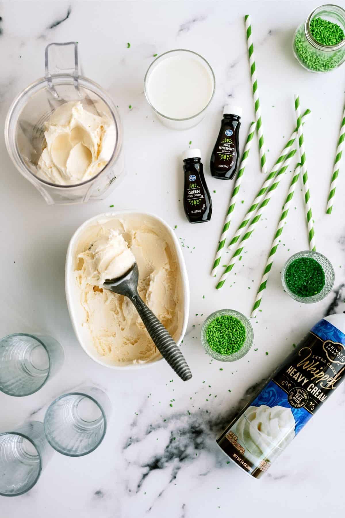 Ingredients needed to make Copycat McDonald’s Shamrock Shake.