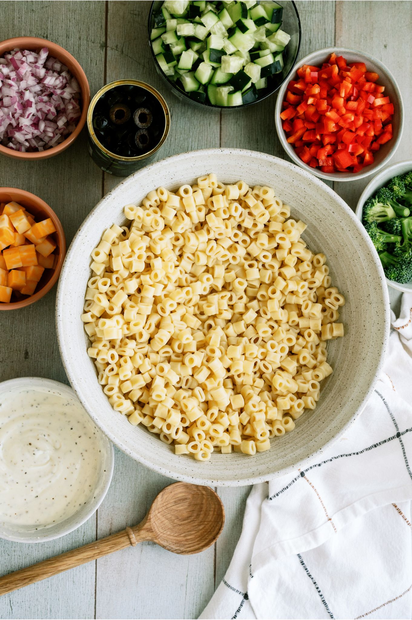 Ingredients needed to make Creamy Pasta Salad.