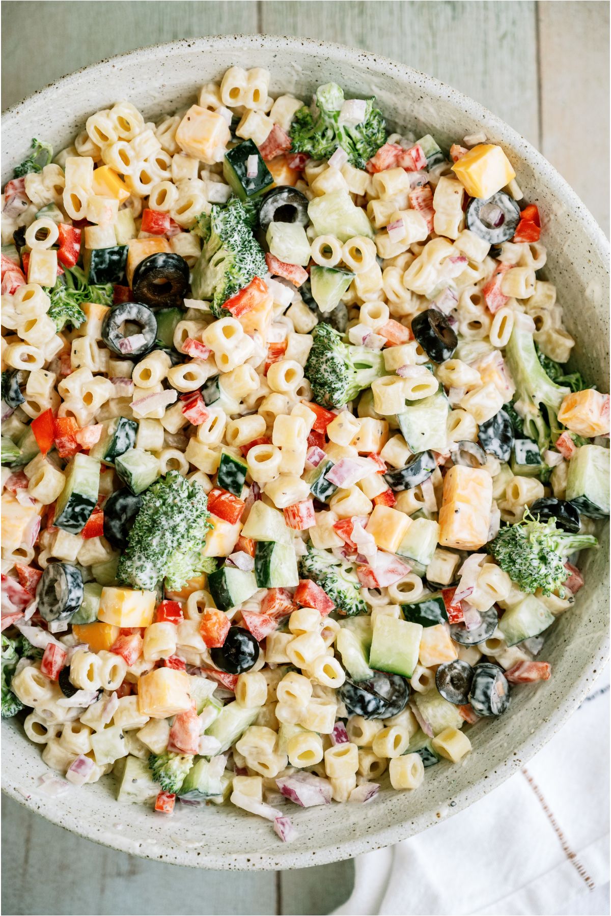 Top view of a large serving bowl of Creamy Pasta Salad.