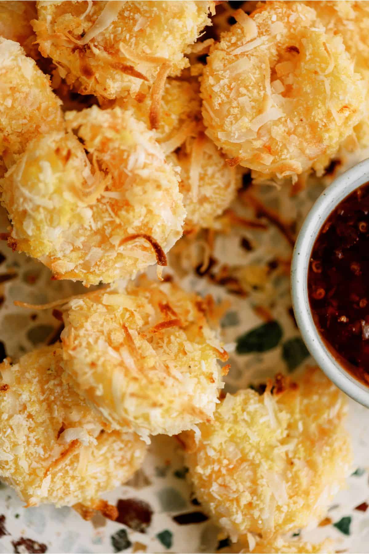 Top view of a plate of Air Fryer Coconut Shrimp