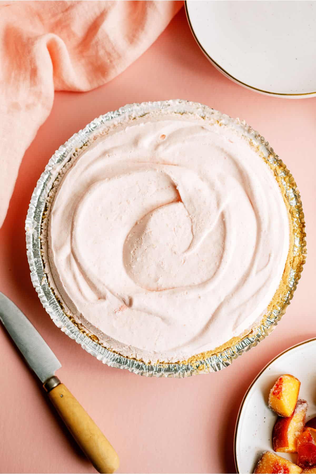 Top view of Creamy Peach Pie in pie pan
