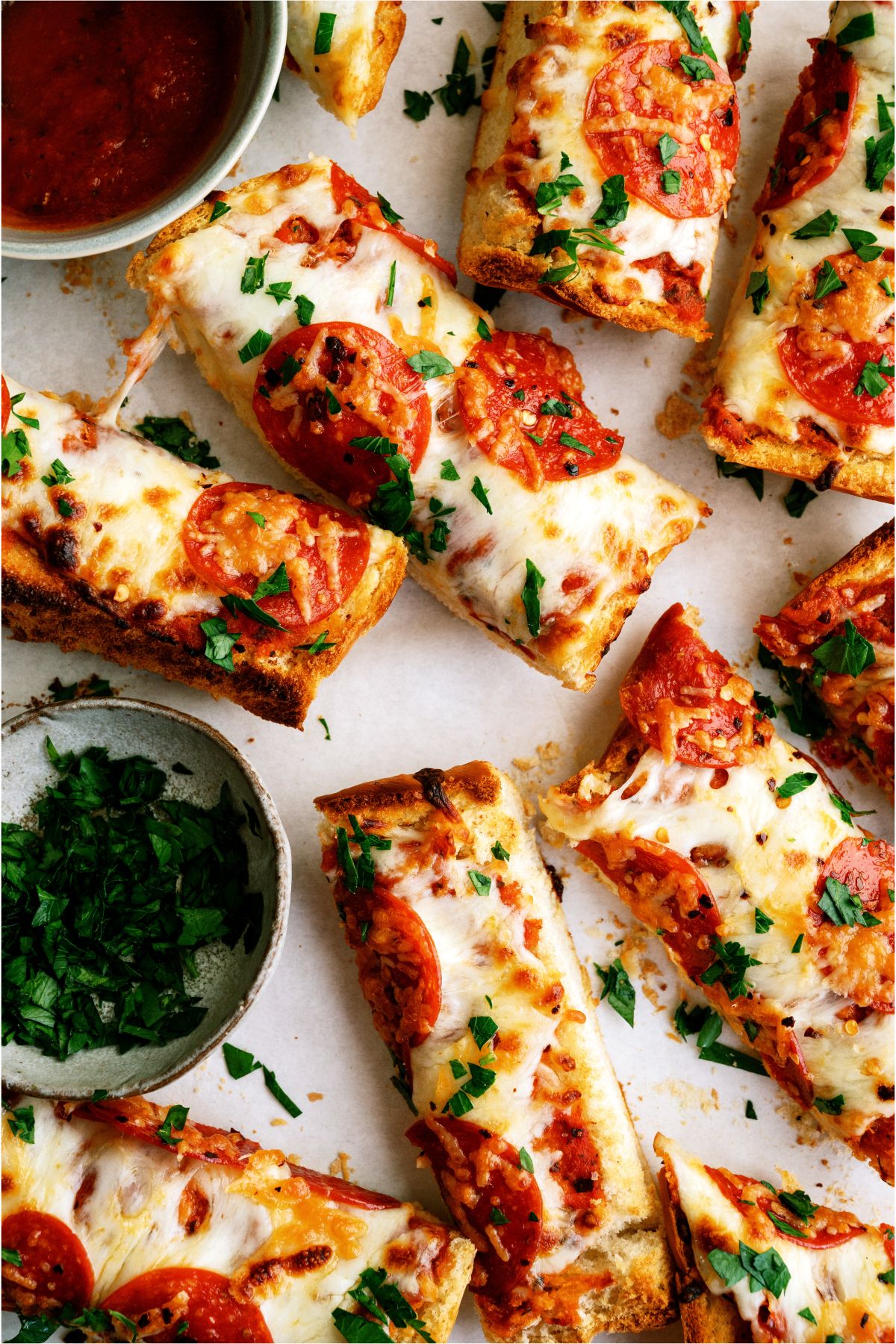 Air Fryer French Bread Pizza cut into thin slices