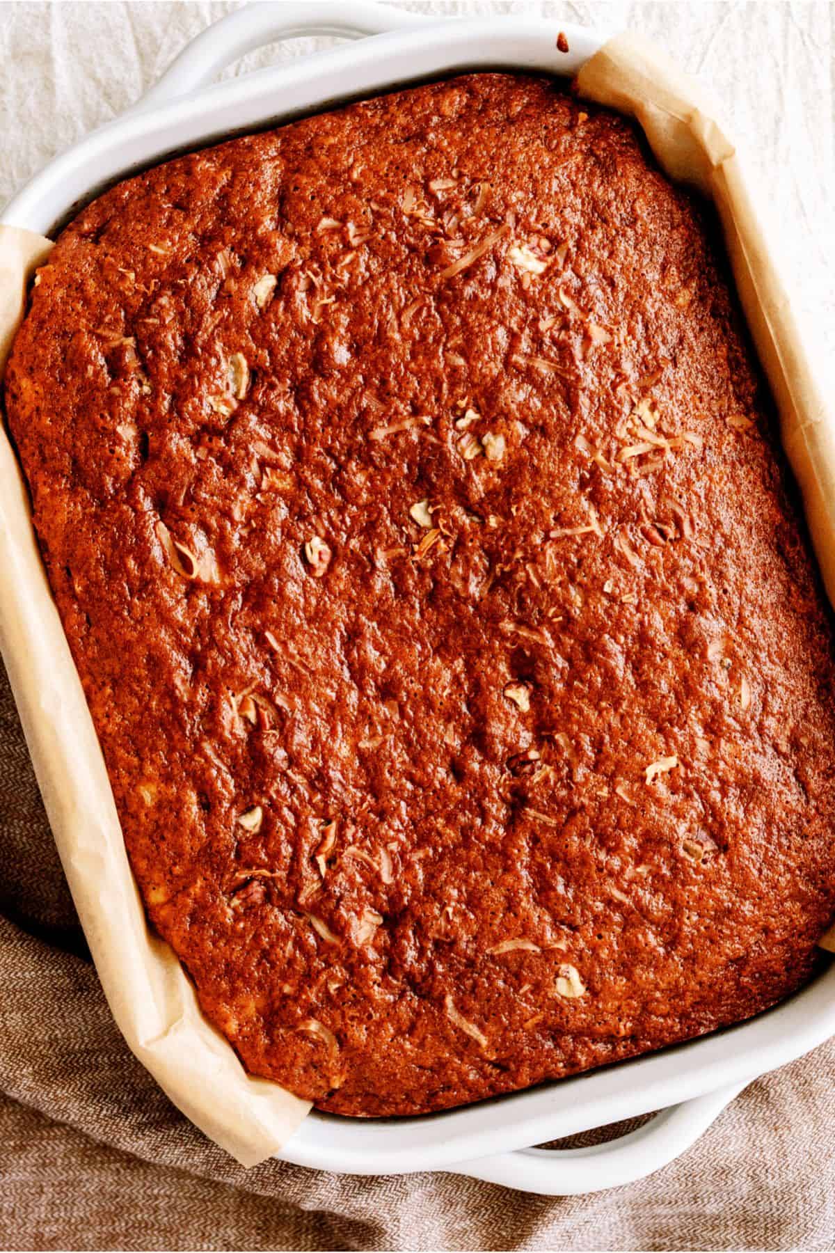 Freshly baked Preacher Cake without frosting in baking dish