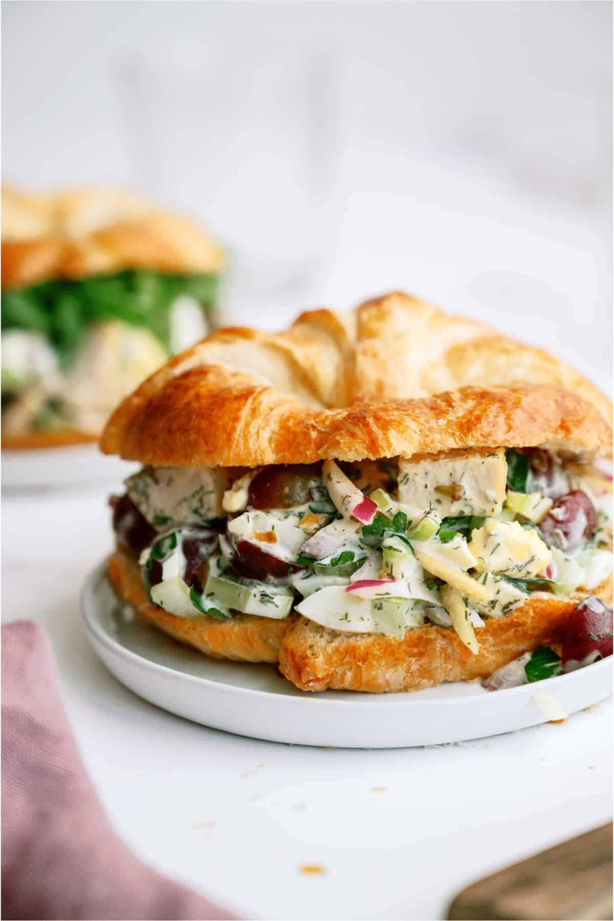 A croissant filled with Chicken Salad with Eggs on a plate