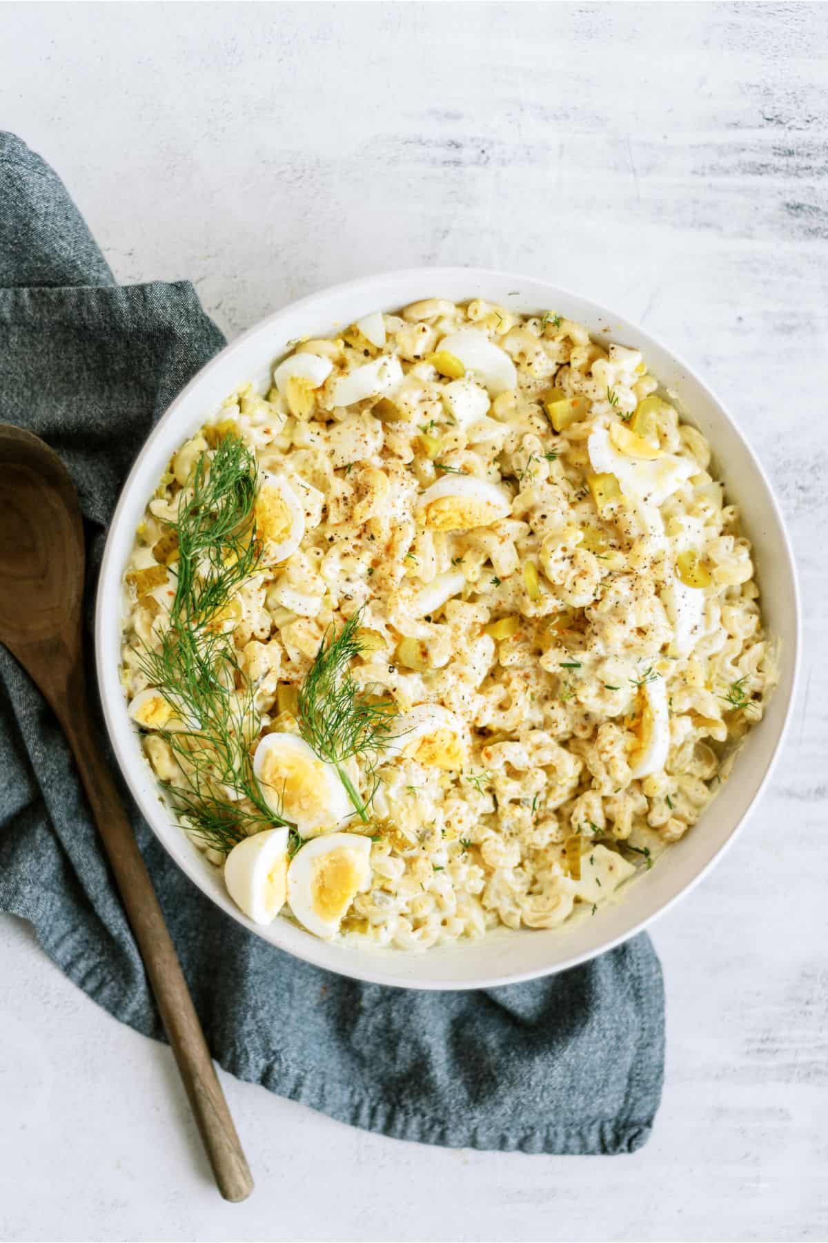 A bowl of Deviled Egg Pasta Salad