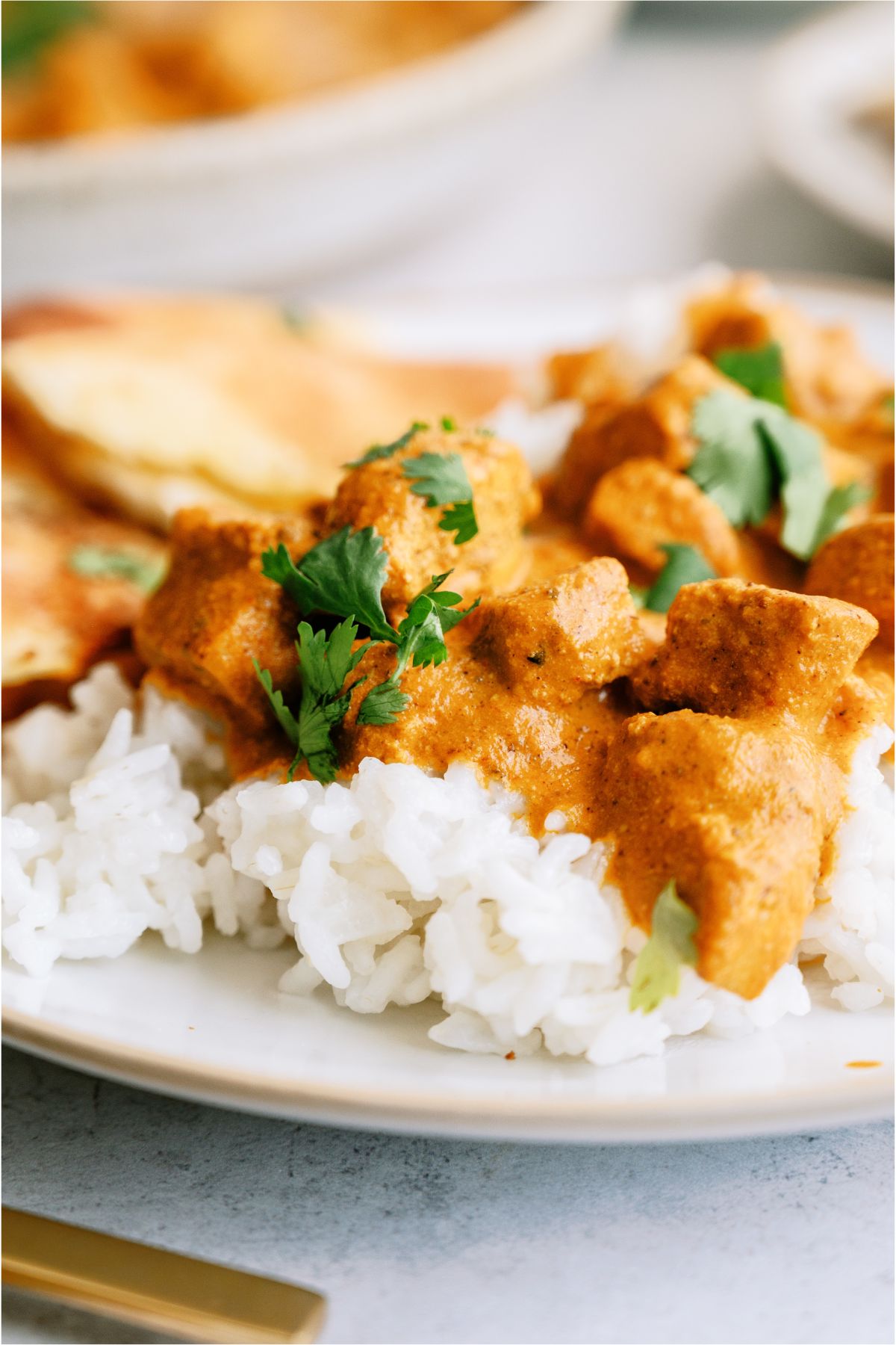 A close up of Instant Pot Chicken Tikka Masala served over rice