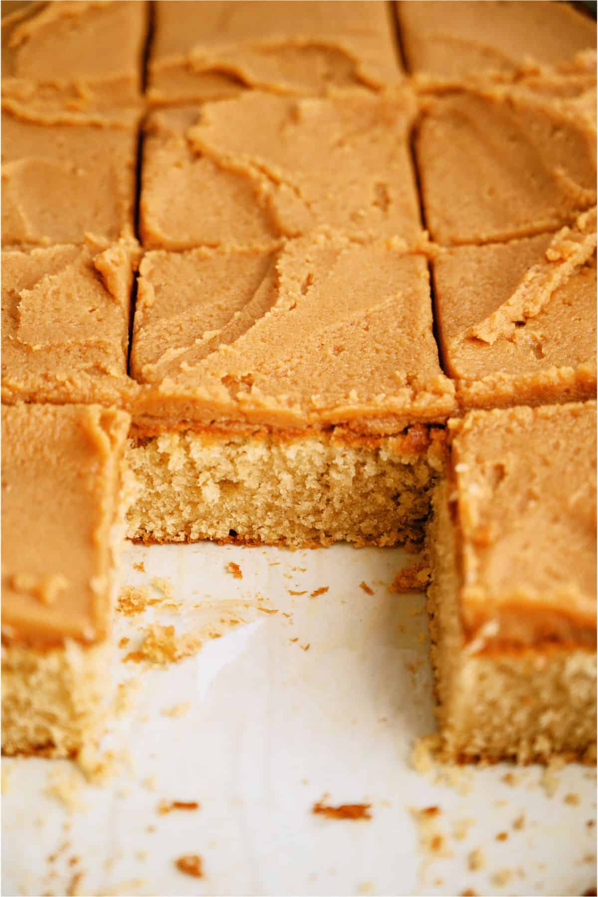 Peanut Butter Sheet Cake cut into squares