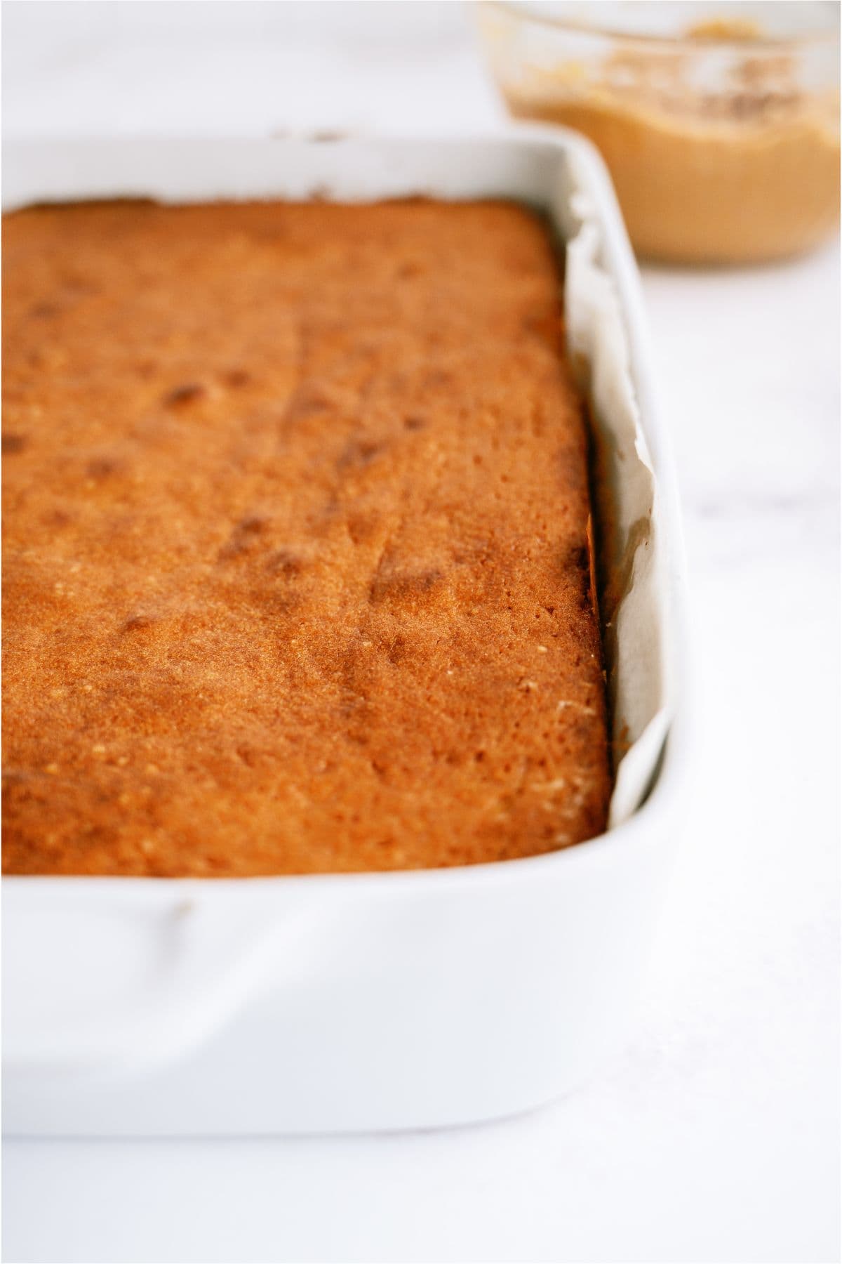 Baked Peanut Butter Sheet Cake in pan without frosting