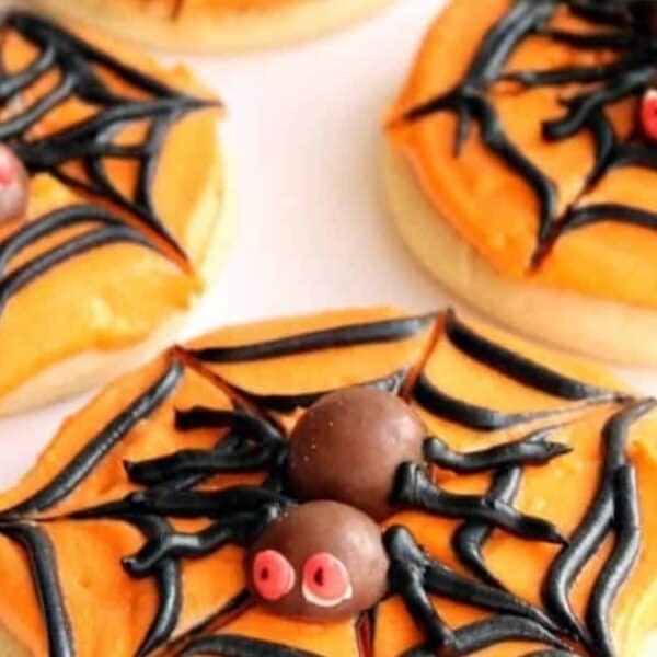 Cookies decorated with orange frosting, black spider web patterns, and chocolate spiders with red eyes. The cookies are arranged closely together.