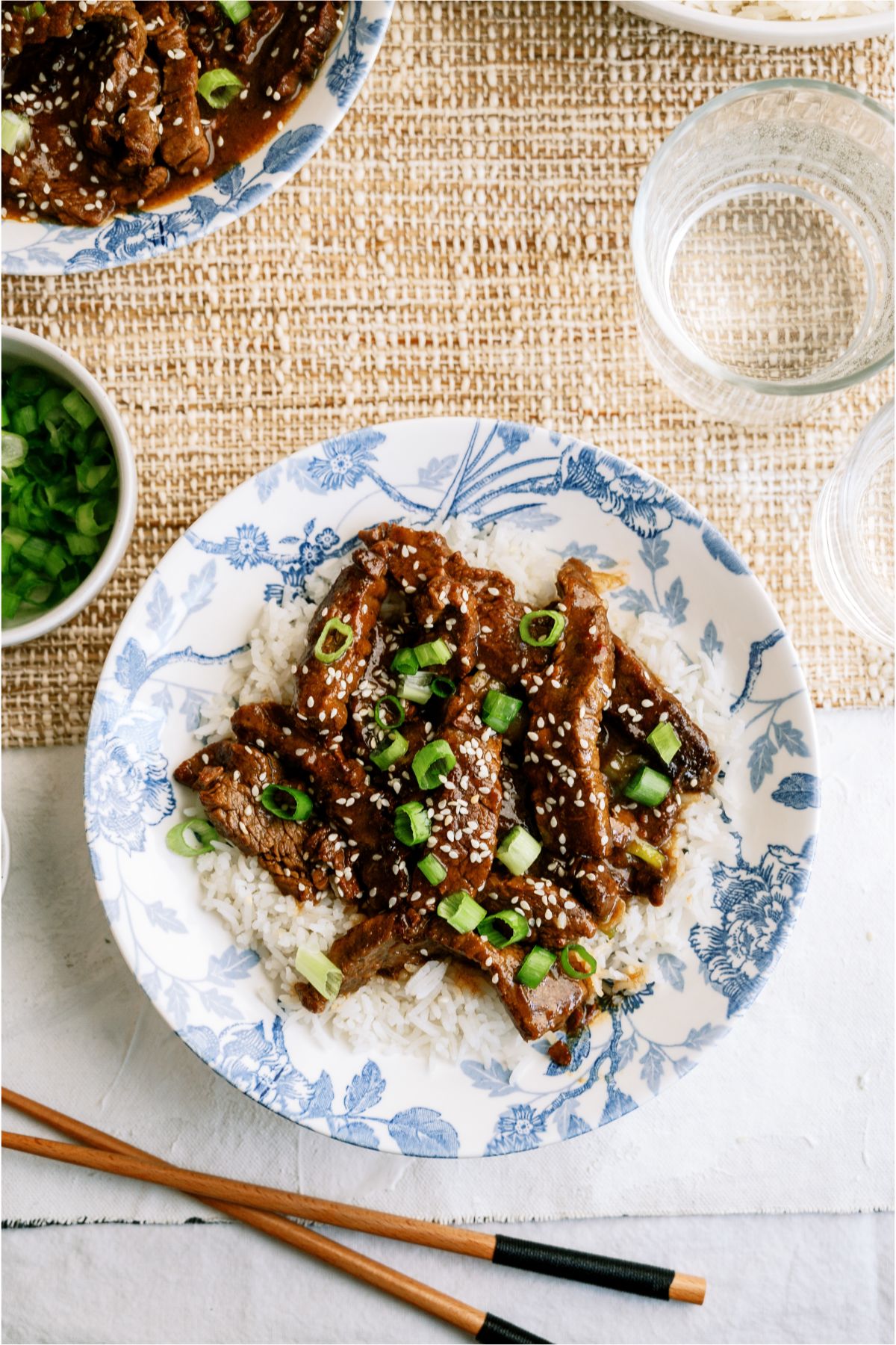 A plate of rice topped with Slow Cooker Korean Beef