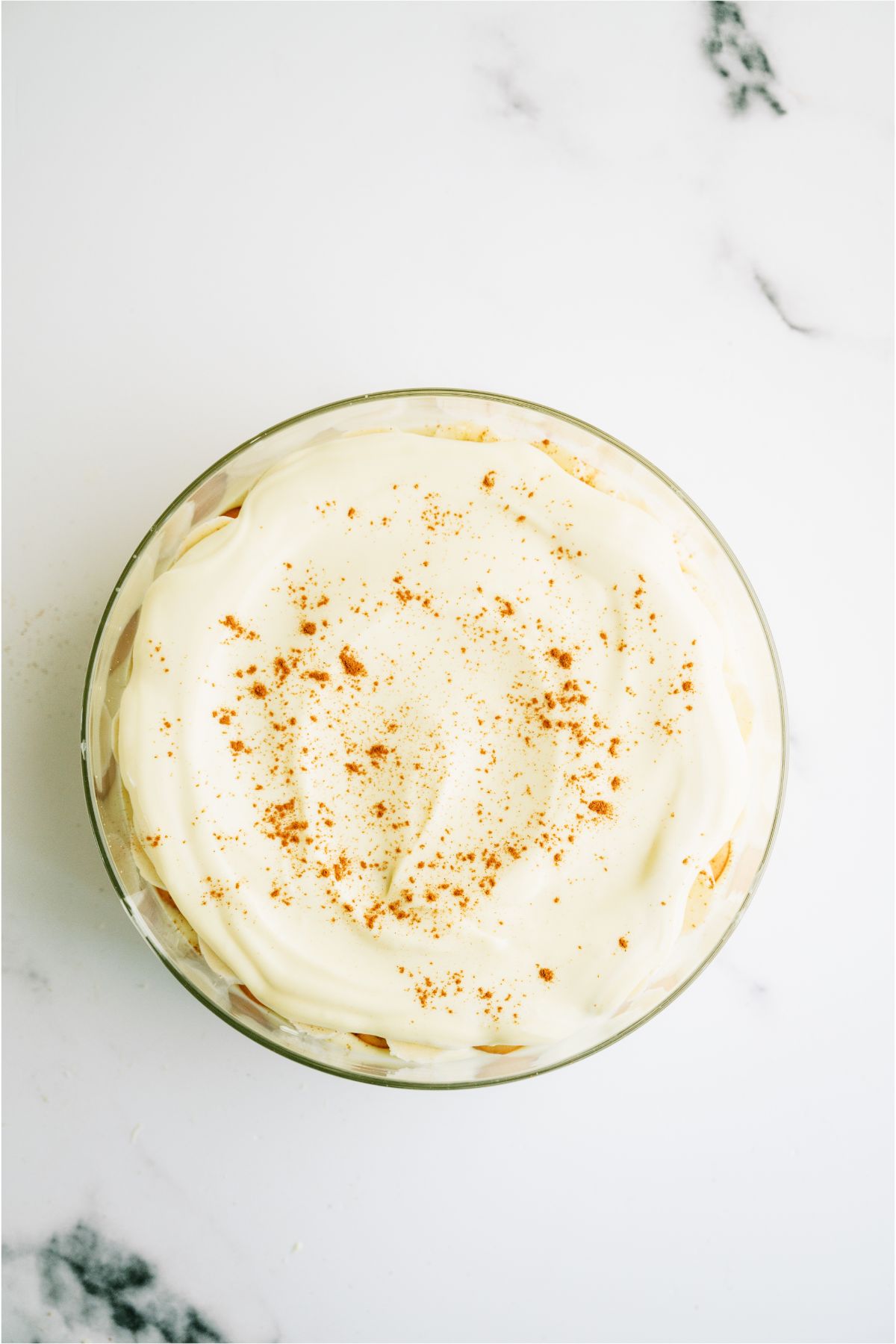 Top view of Copycat Magnolia Pudding in large glass bowl.