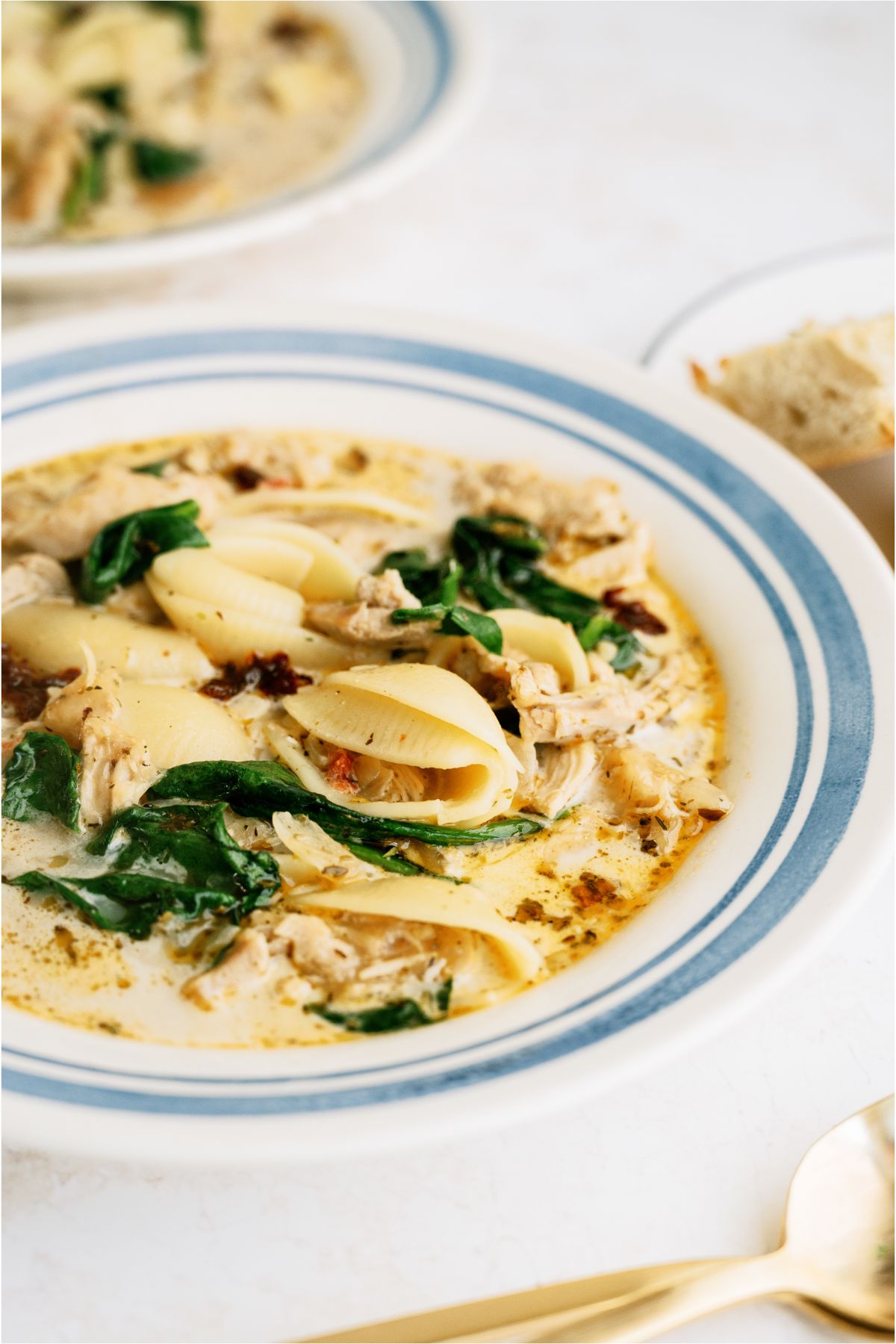 Close up view of a bowl of chicken soup with pasta noodles and another bowl of soup in the background.