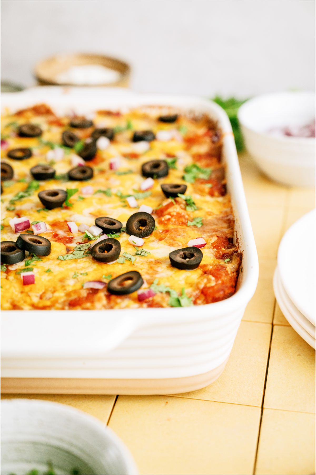 Close up of Mexican Tater Tot Casserole in a casserole dish