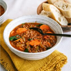 A bowl of Slow Cooker Lentil Soup with a spoon. A side dish of bread and a slow cooker in the background.