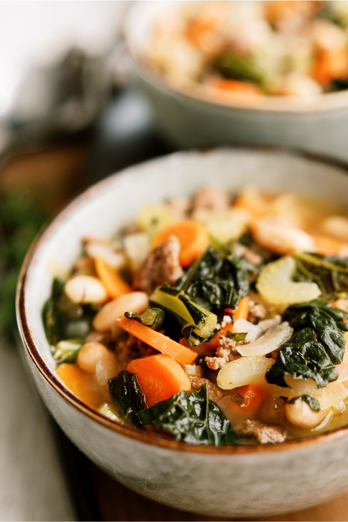 Close up of a bowl of Tuscan White Bean Soup.